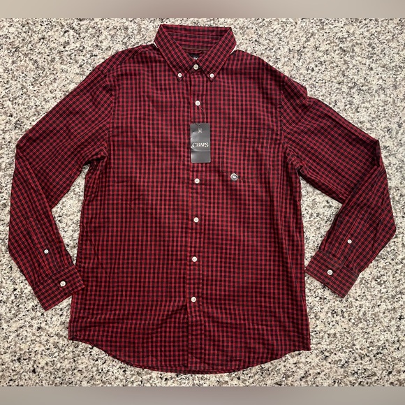 Chaps Men’s Long Sleeve Collared Button Down (Lead Table) Red/Black Size Medium - Picture 1 of 11
